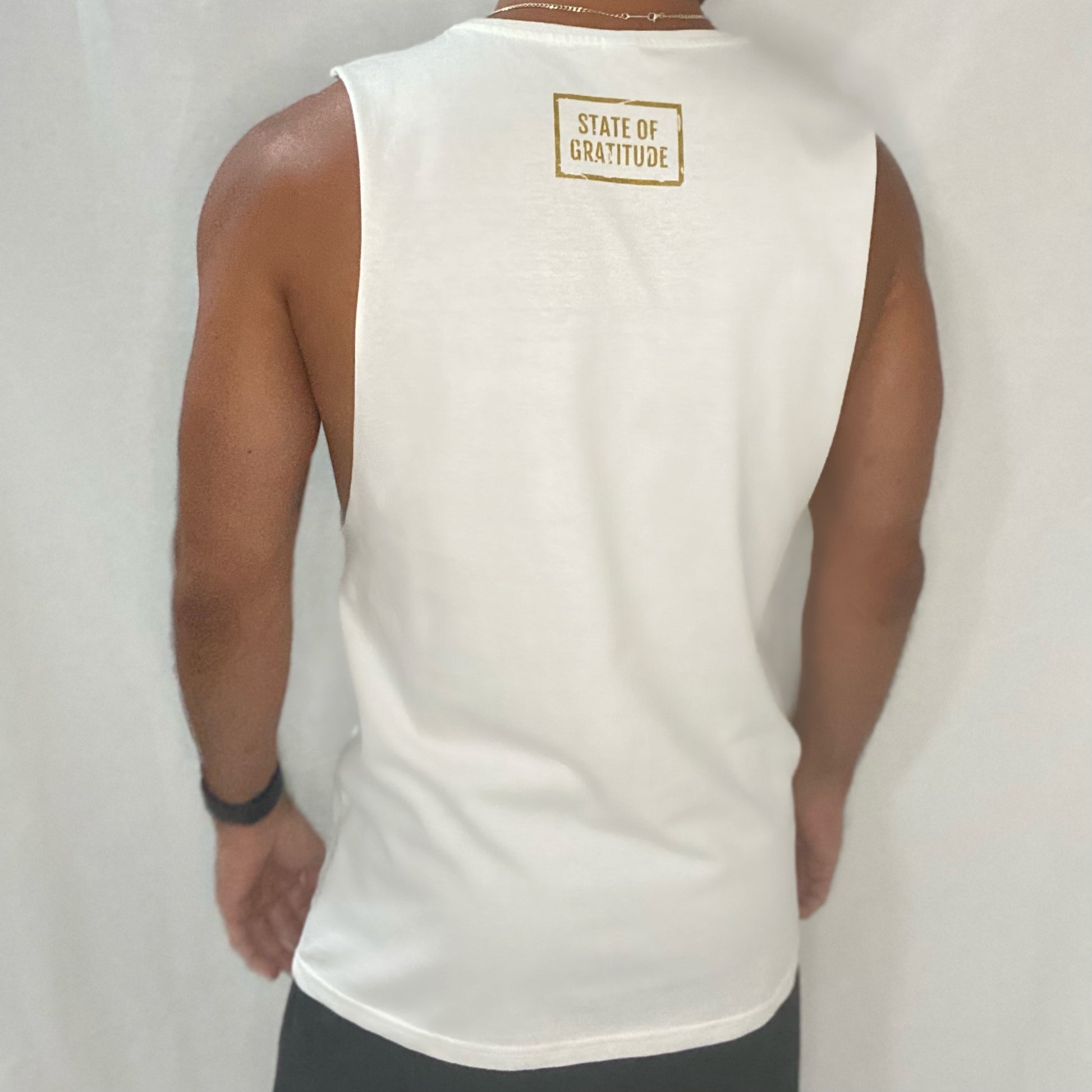 State of Gratitude | Cream and Gold Tank | Heart Chakra Apparel | Gratitude Apparel | Synonym for grateful | With gratitude  | Organic Cotton Tanks